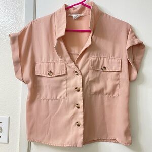 cute pastel pink button up short sleeve blouse with pockets